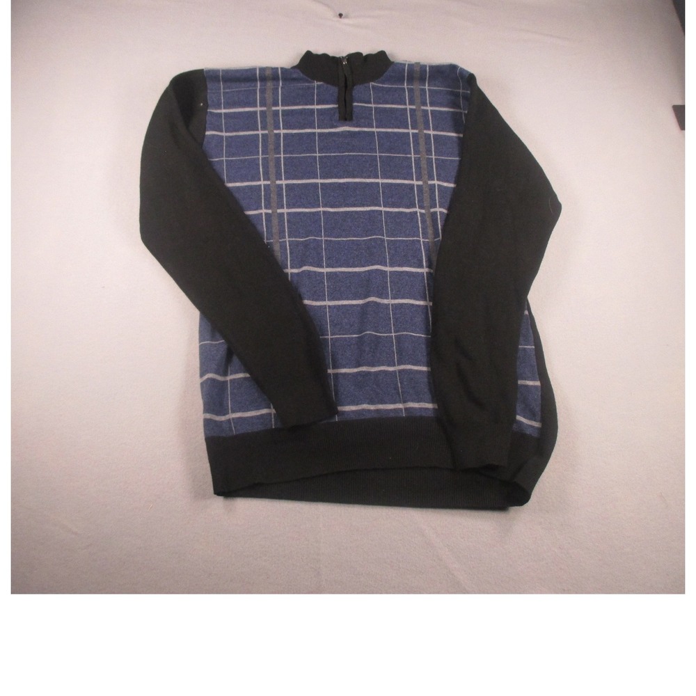 Studio by Omega Quarter Zip Sweater Mens XL Blue Black Plaid Grid Pullover Knit